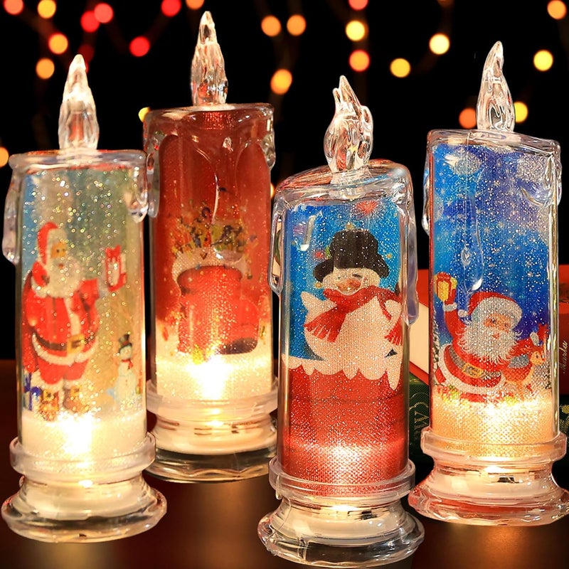 SupBri Store Flameless LED Candles Set of 4 with Santa Claus, Snowman Decals - Battery Operated Christmas Themed Festival Gift Decorations - Image 1